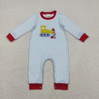 Matching Baby boys Valentine's stripe romper outfits long sleeves embroidery