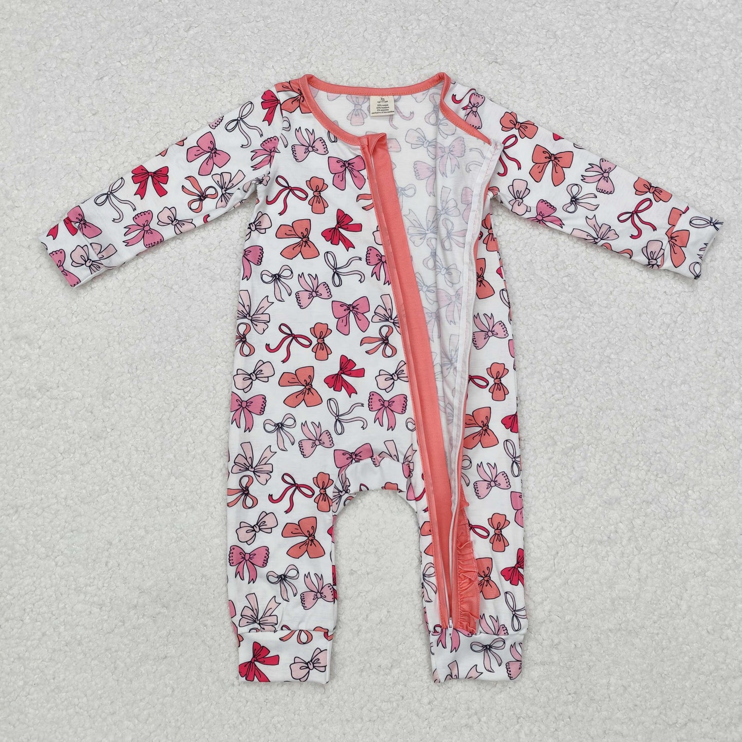 LR1905 Baby girls pink bows zipper bamboo romper