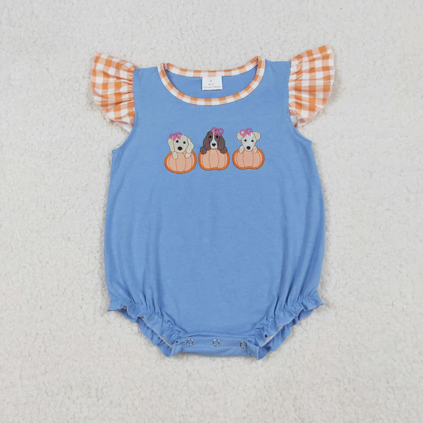 Matching Baby girls boys Halloween puppy blue checkered clothing embroidery