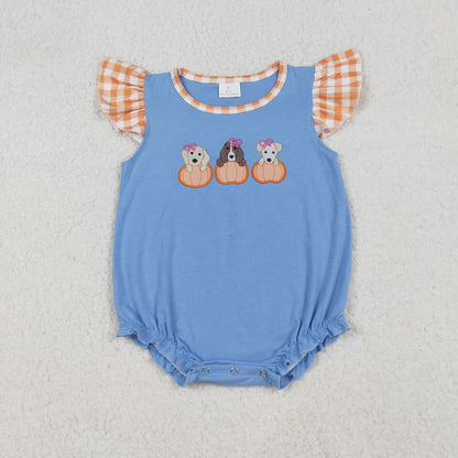 Matching Baby girls boys Halloween puppy blue checkered clothing embroidery