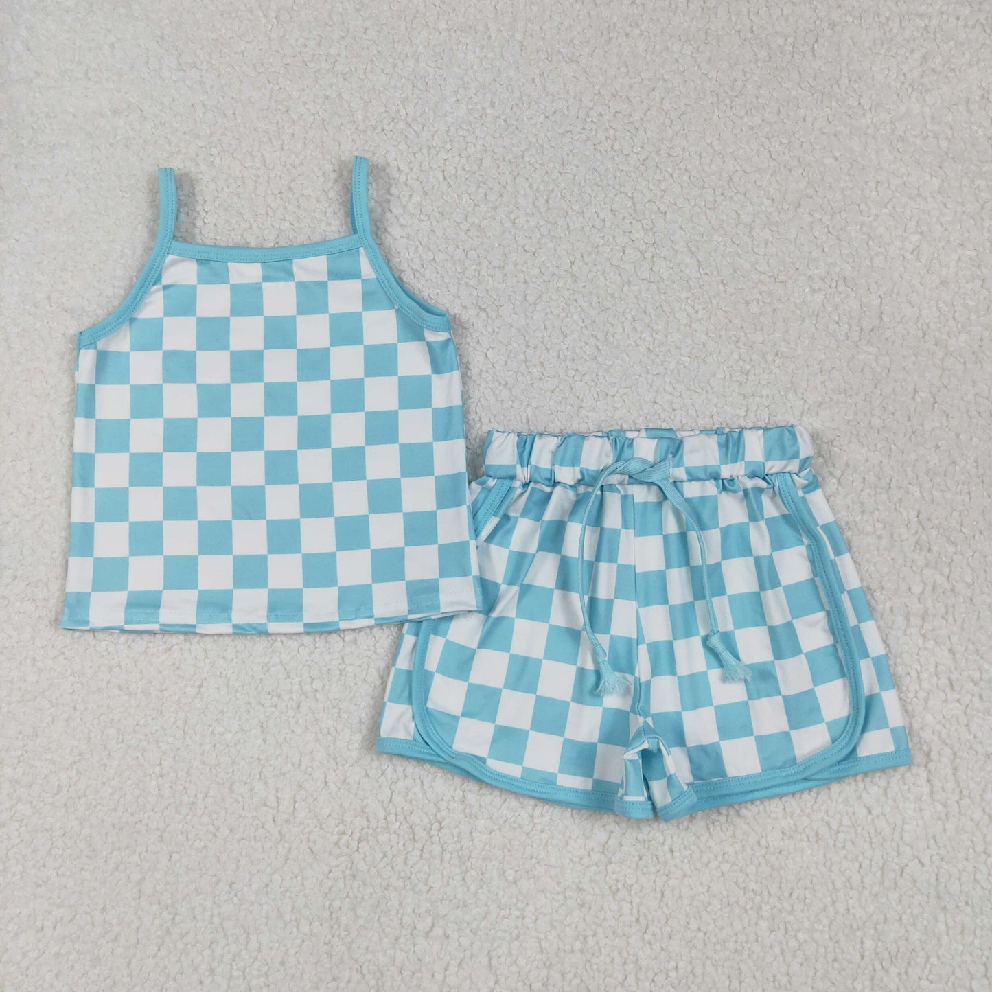 GSSO2332 baby girls blue checkered shorts outfits