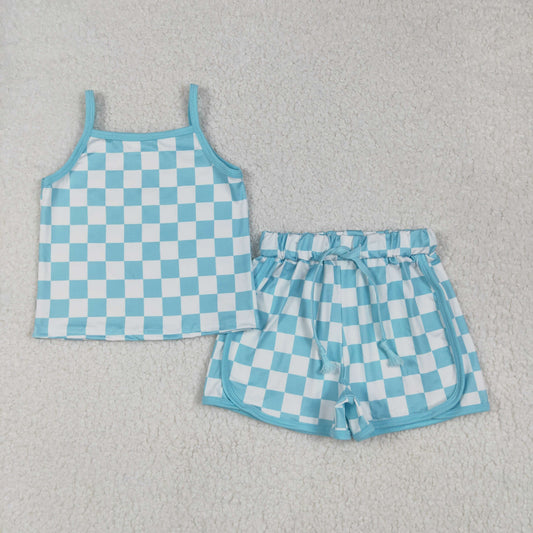 GSSO2332 baby girls blue checkered shorts outfits