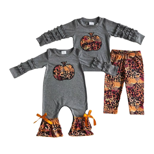 Matching Baby girls Halloween pumpkin leopard grey outfits romper clothing embroidery
