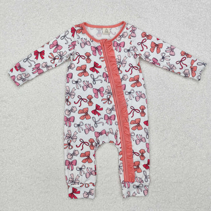 LR1905 Baby girls pink bows zipper bamboo romper