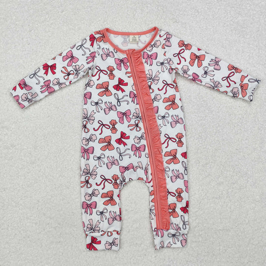 LR1905 Baby girls pink bows zipper bamboo romper