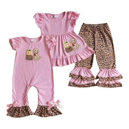 Matching Baby girls Halloween pumpkin puppy leopard pink outfits romper clothing embroidery