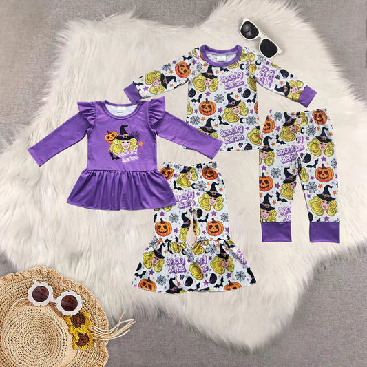 Matching Baby girls Halloween spooky purple outfits pajamas clothing