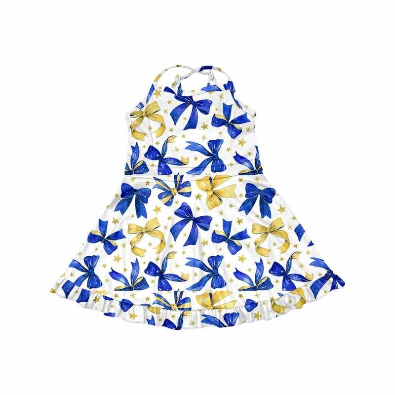 MOQ 3 Custom baby girls blue yellow bow dress