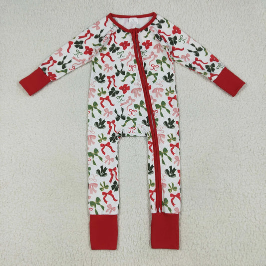LR2203  baby girls Christmas bow zipper red romper (Shipment from the US)