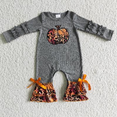 Matching Baby girls Halloween pumpkin leopard grey outfits romper clothing embroidery