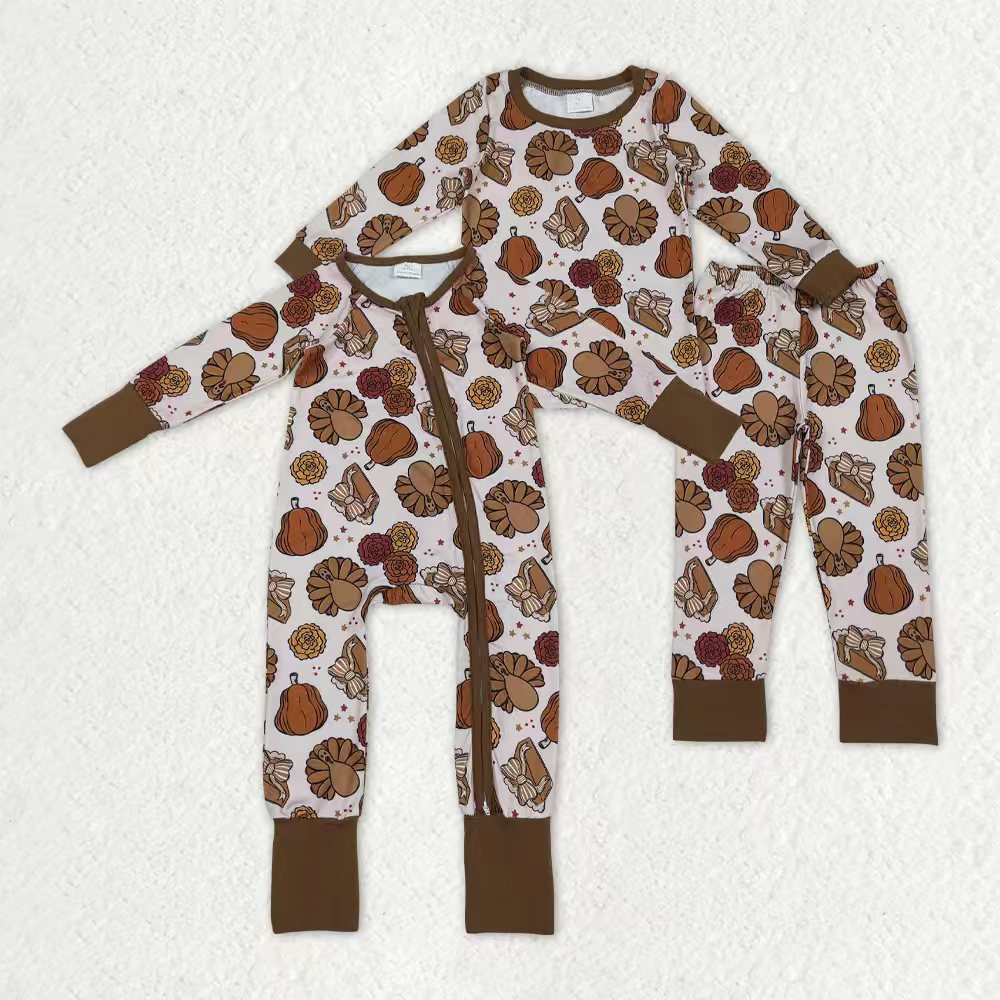Matching Baby girls Thanksgiving turkey brown romper & pajamas clothing