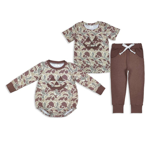 Matching Baby boys Halloween smile camo outfits  romper clothing embroidery