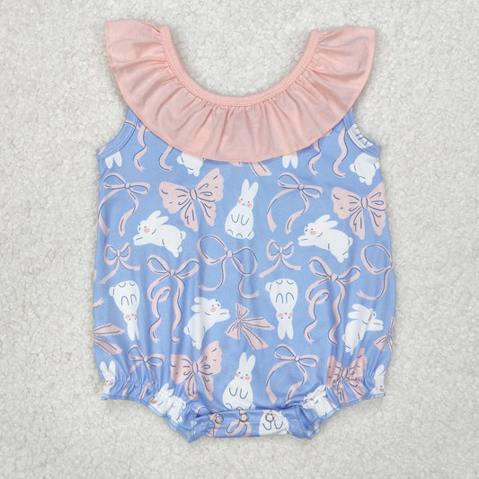 SR2583 Baby girls sleeveless floral collar blue romper