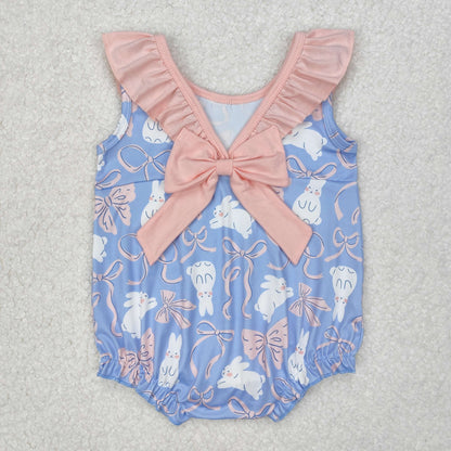 SR2583 Baby girls sleeveless floral collar blue romper