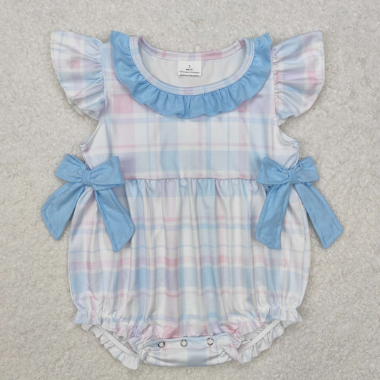 SR2139 girl blue bow flying sleeve romper