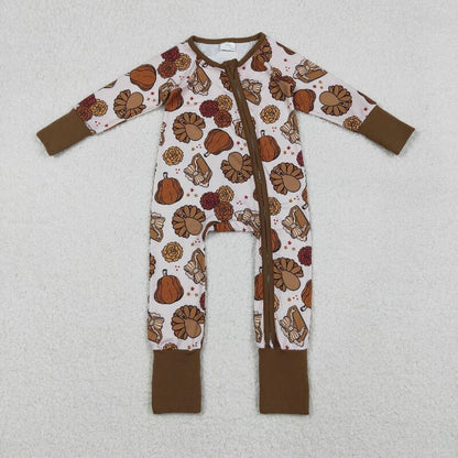 Matching Baby girls Thanksgiving turkey brown romper & pajamas clothing