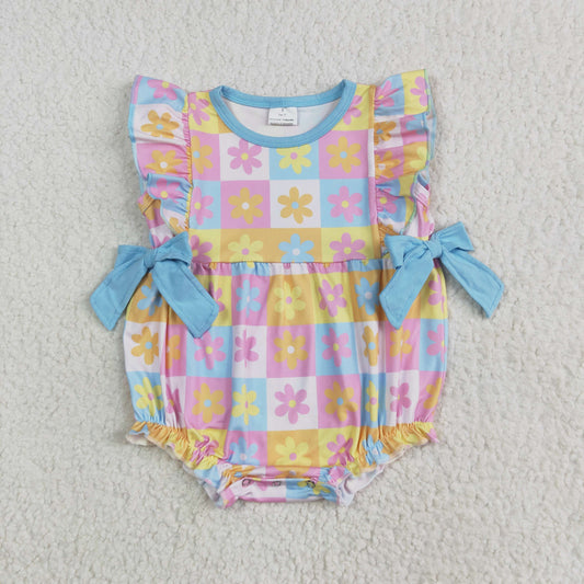 SR3090 Baby  girls flying sleeve flower checkered  romper
