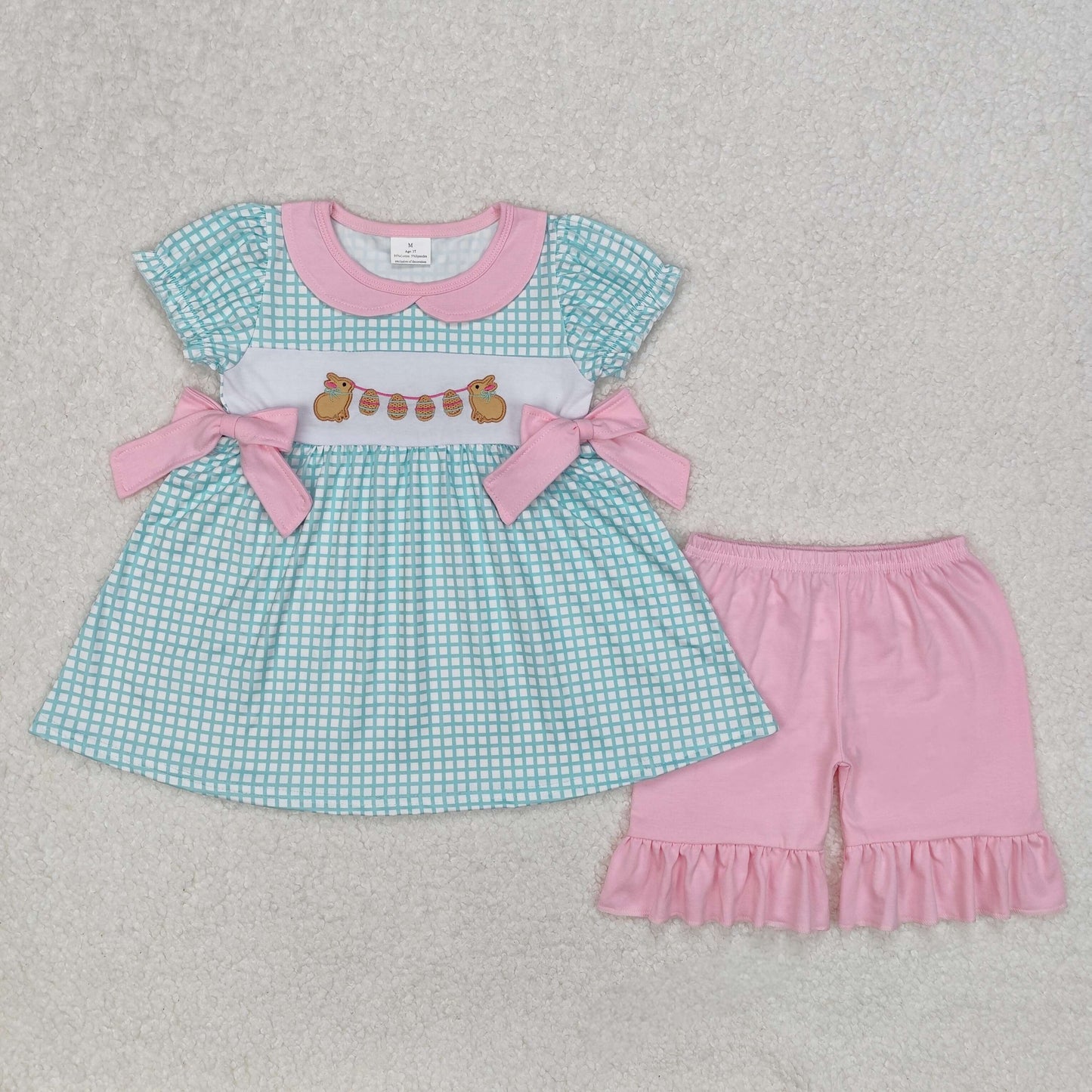 GSSO1882 girls cyan checked  puff sleeve bow pink shorts outfits embroidery