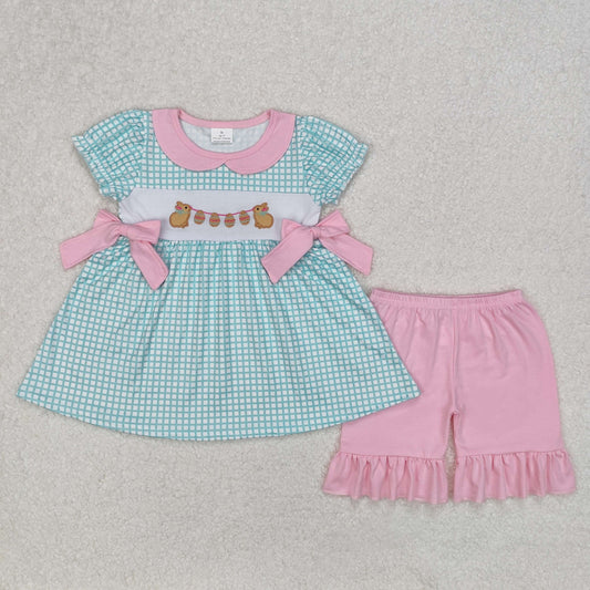 GSSO1882 girls cyan checked  puff sleeve bow pink shorts outfits embroidery
