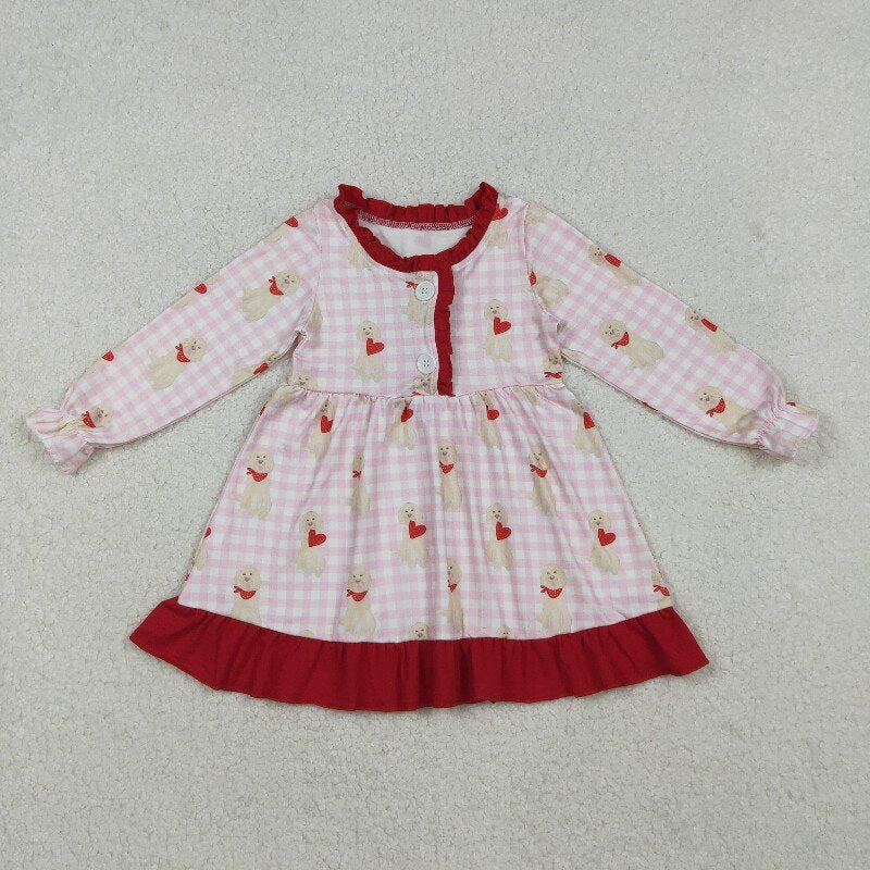GLD1322 girls Valentine's Day puppy red floral button long sleeves Dress