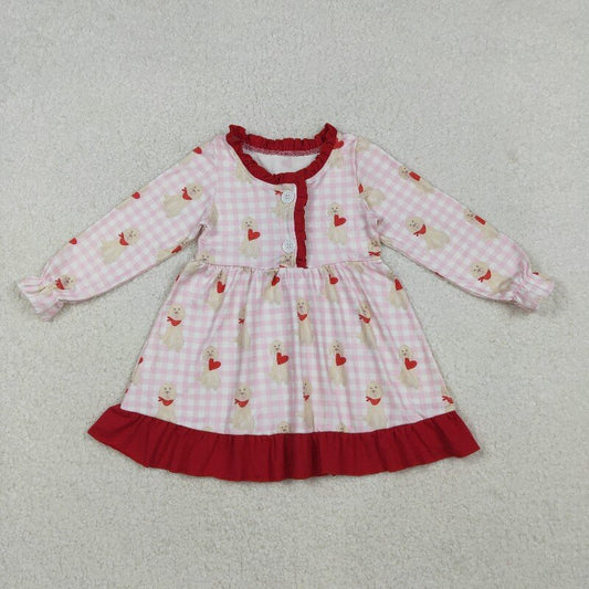 GLD1322 girls Valentine's Day puppy red floral button long sleeves Dress