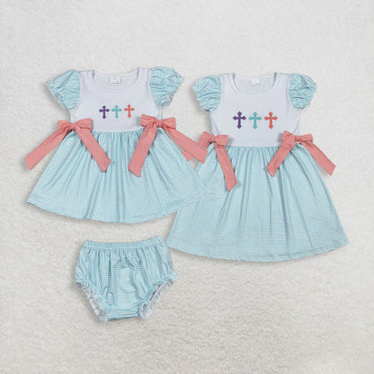 Matching Baby girls Easter cross bow dress & bummies embroidery
