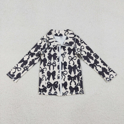 GT1084 baby girls black bow zipper long sleeve top yoga
