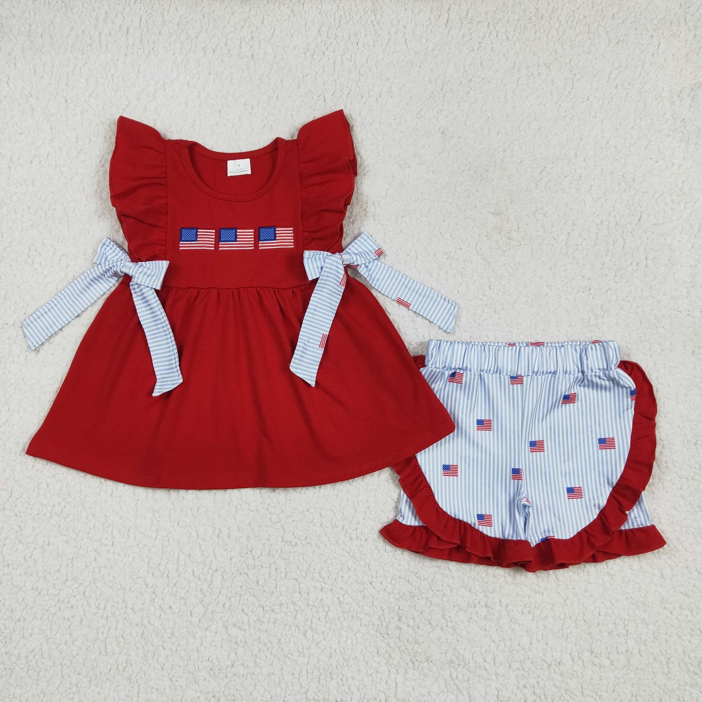 GSSO2375 baby girls July Fourth red flying sleeve blue stripe shorts outfits embroidery