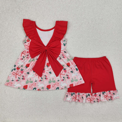 GSSO1914 girls sleeveless floral collar bow shorts outfits