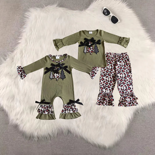 Matching Baby girls Christmas leopard tree clothing embroidery