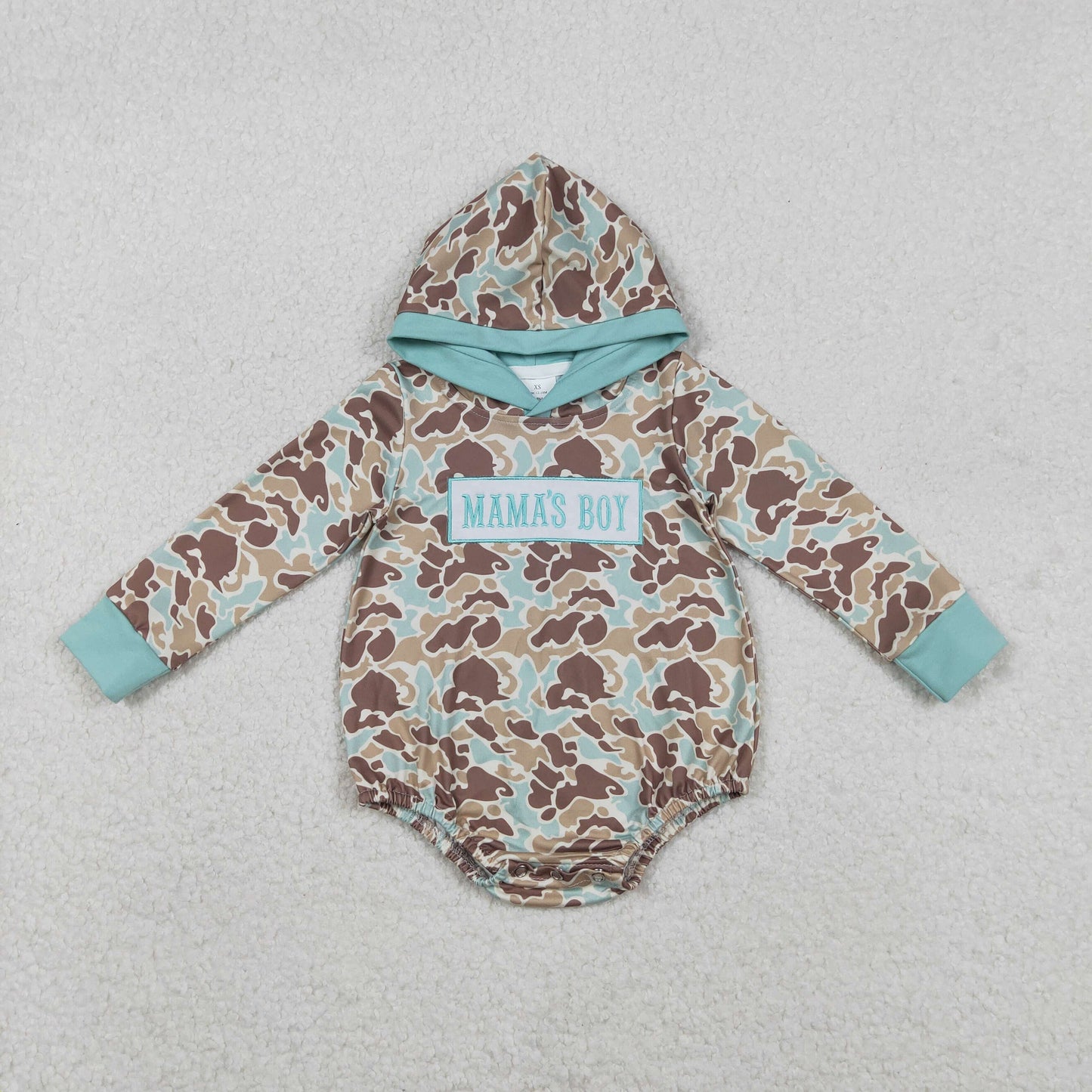 LR2795 baby boys MAMA's BOY camo long sleeves hooded romper embroidery