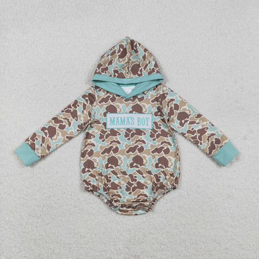 LR2795 baby boys MAMA's BOY camo long sleeves hooded romper embroidery