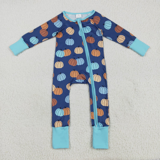 LR2364 baby boys pumpkin blue navy zipper romper