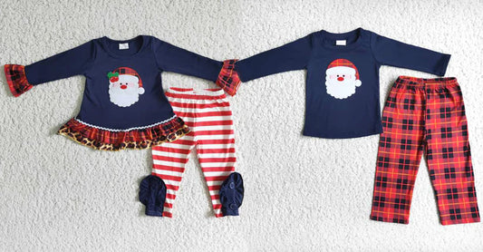 Matching Baby girls boys Christmas Santa Claus stripe clothing embroidery