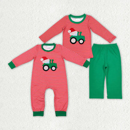 Matching Baby boys Christmas stripe red green romper outfits clothing embroidery