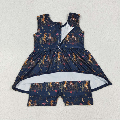 SR3071 baby girls sleeveless navy horse Jumpsuit
