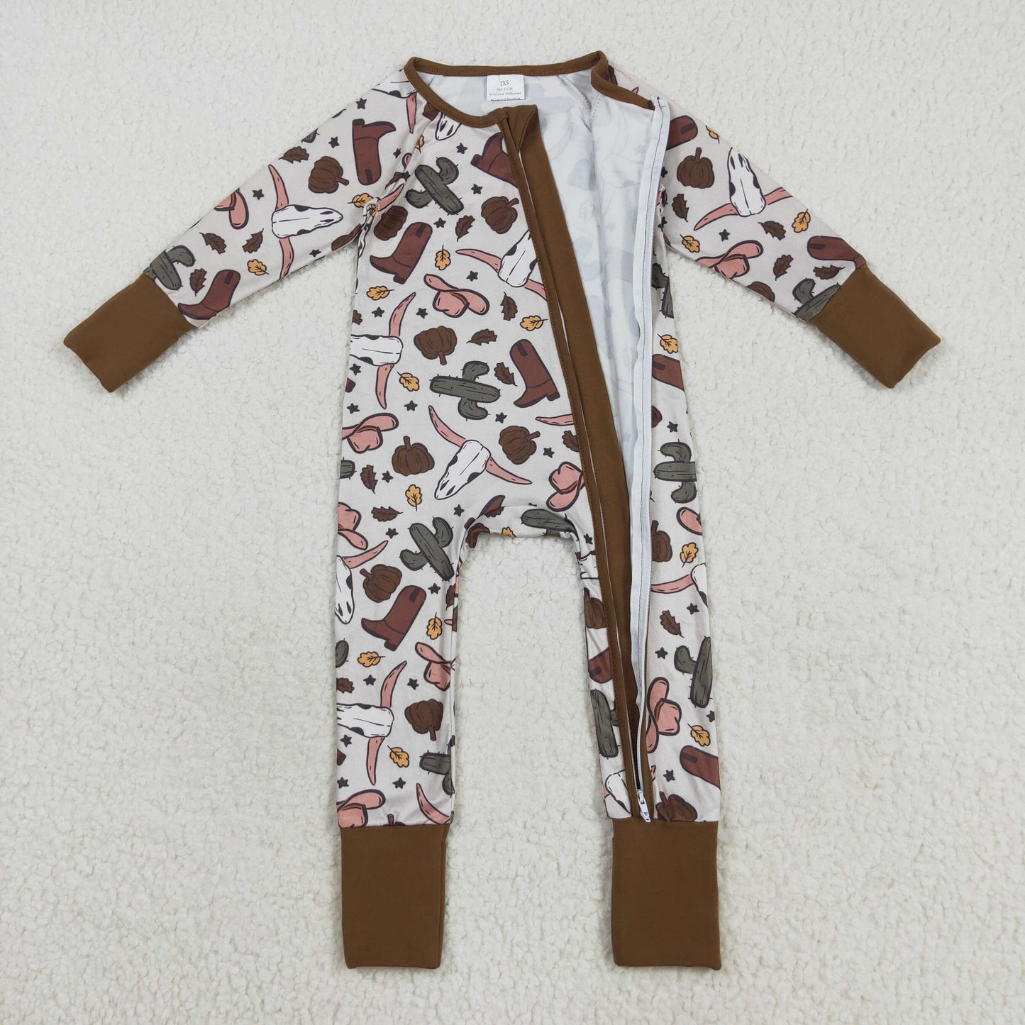 LR2334 Baby Boys bull hat boot zipper brown long sleeve romper