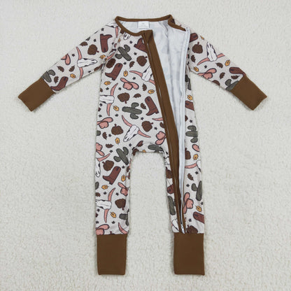 LR2334 Baby Boys bull hat boot zipper brown long sleeve romper
