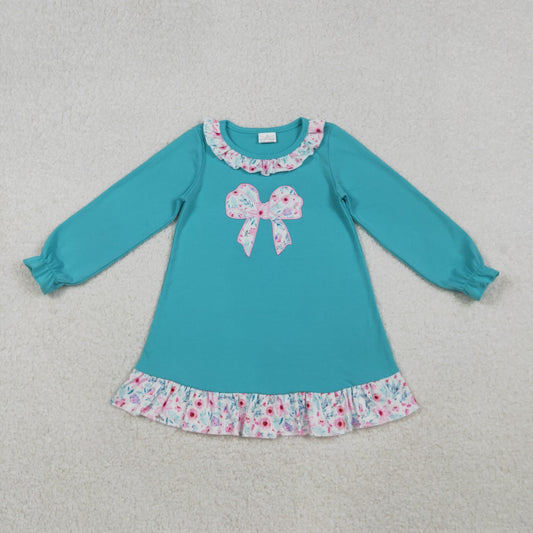 GLD1204 girls flower bow blue floral Dress embroidery
