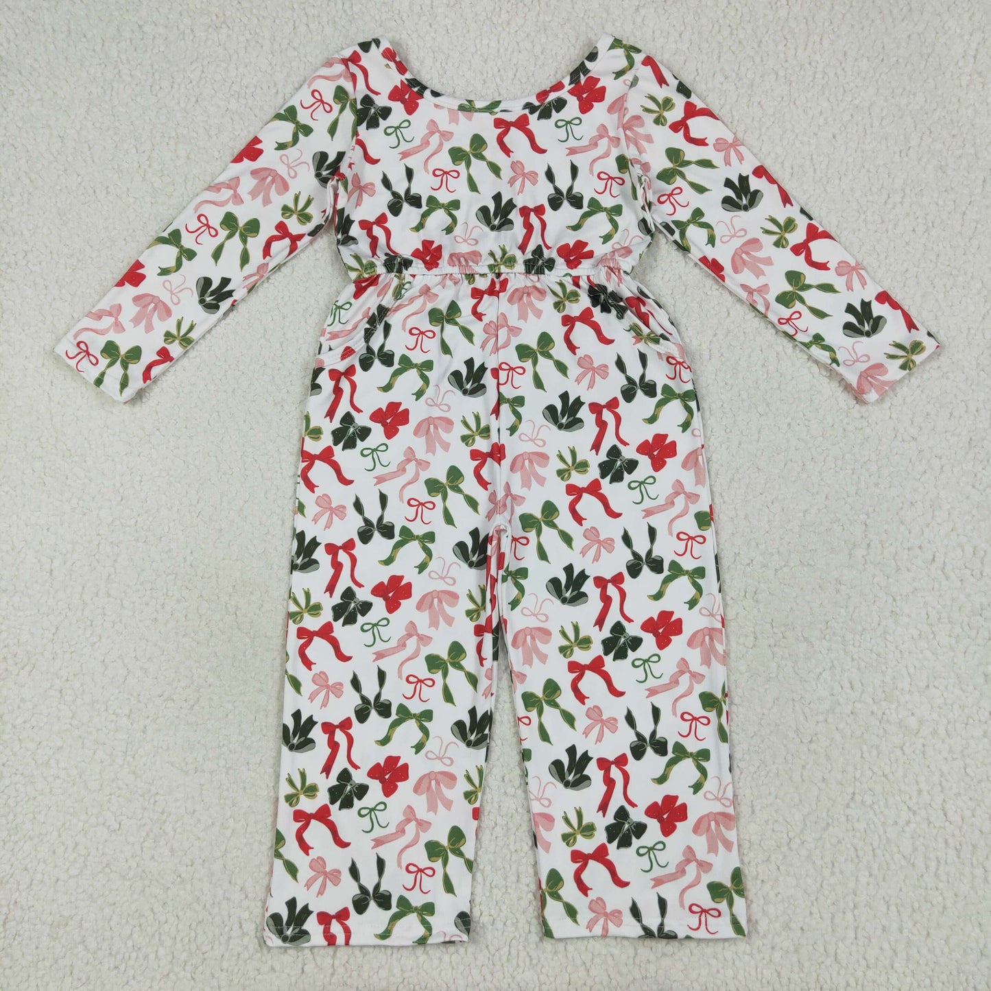 LR2192 baby girls long sleeve Christmas green red bow Jumpsuit