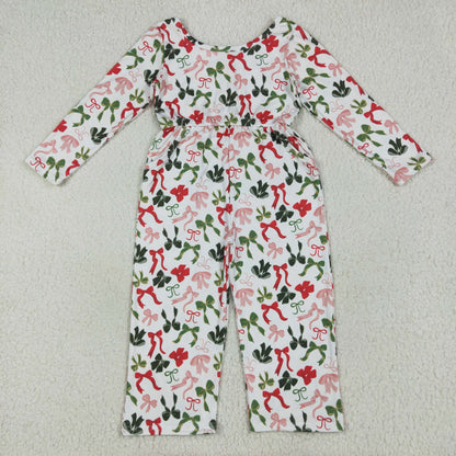 LR2192 baby girls long sleeve Christmas green red bow Jumpsuit