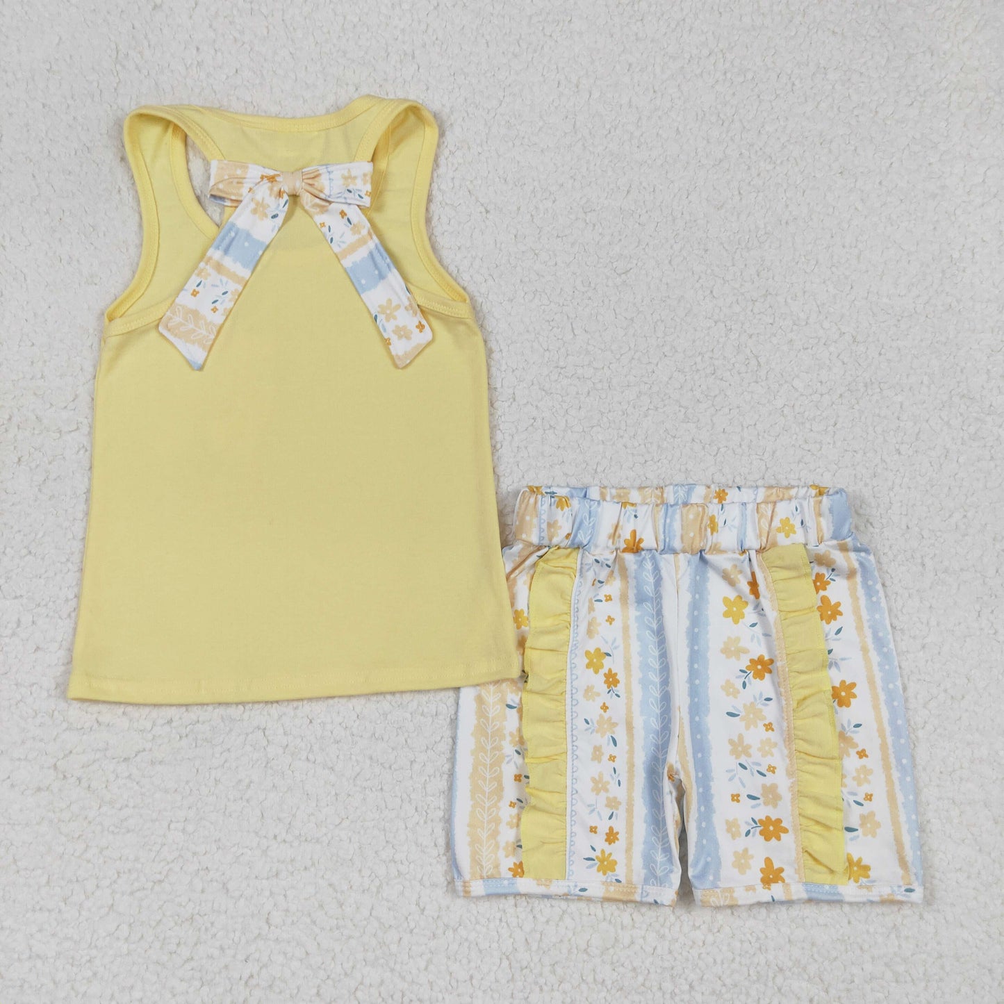 GSSO1788 girls yellow sleeveless bow short outfits
