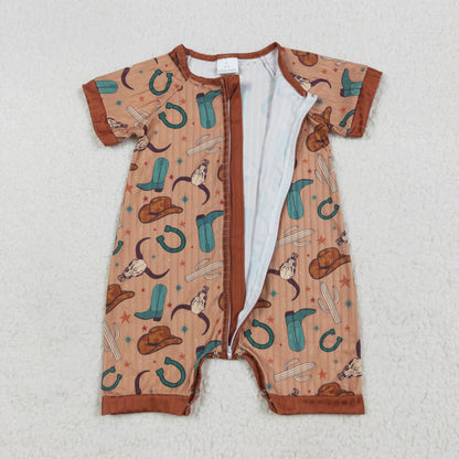 SR3155 baby girls short sleeve brown hat zipper Pit strip romper
