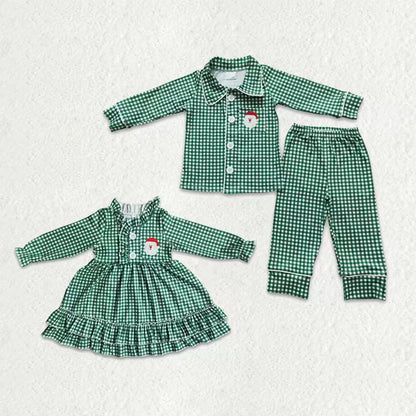 Matching Baby girls boys Christmas santa green checkered clothing embroidery