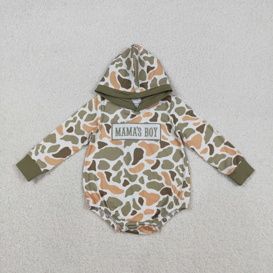 LR2798 baby boys MAMA's BOY camo long sleeves hooded romper embroidery