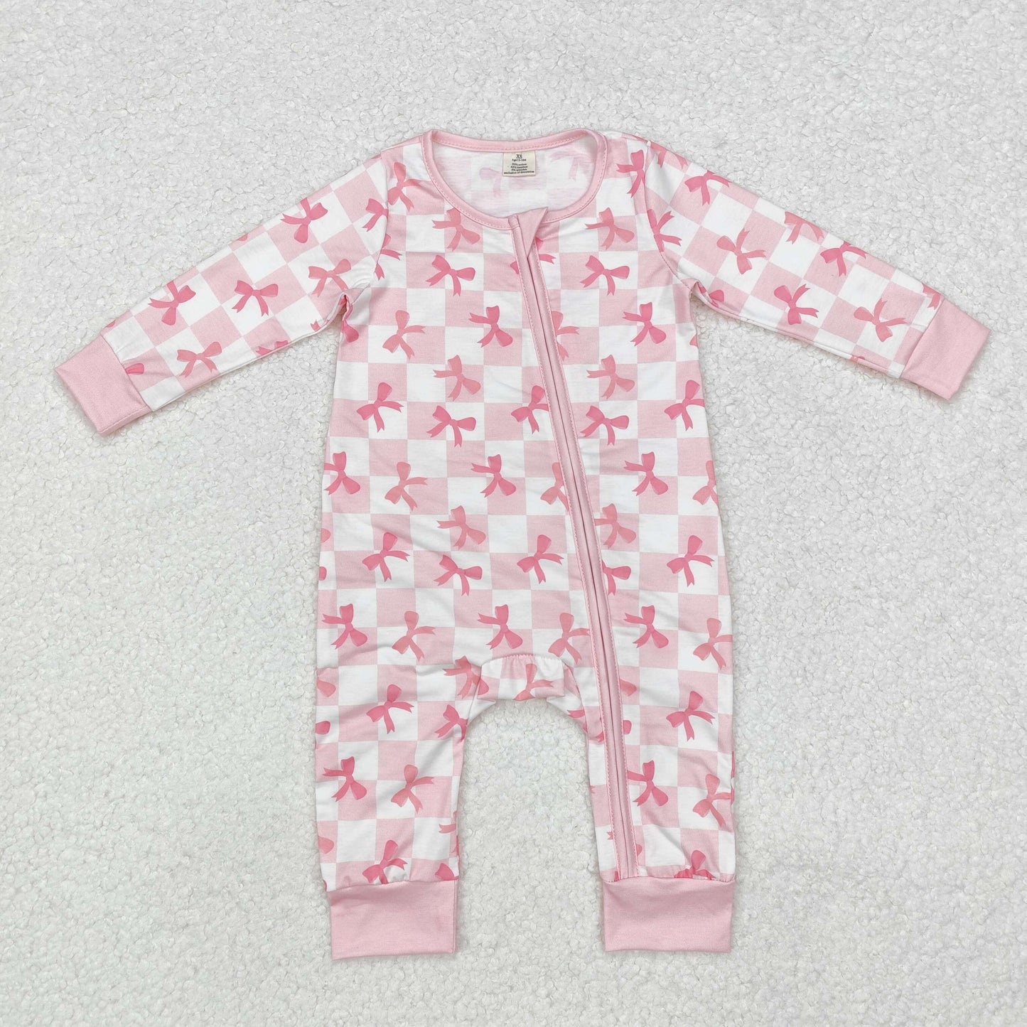 LR1607 Baby girls pink bows zipper bamboo romper