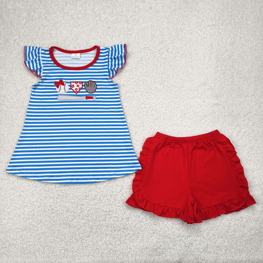 GSSO2348 baby girls baseball blue stripe red shorts outfits embroidery