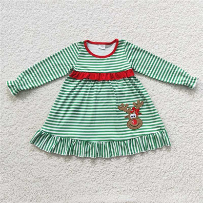 Matching Baby girls boys Christmas deer green stripe romper outfits long sleeves embroidery