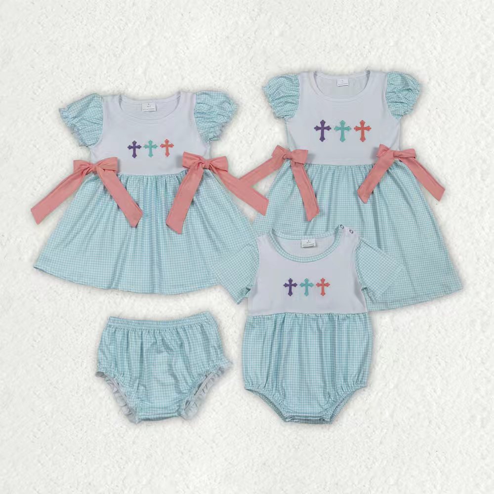 Matching Baby girls Easter cross bow dress & bummies embroidery