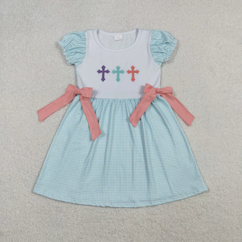 Matching Baby girls Easter cross bow dress & bummies embroidery